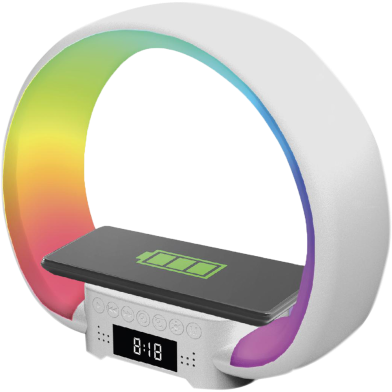 Multi-functional Smart G-Shape Table Lamp with RGB Light Bluetooth Speaker Wireless Charger and Alarm Clock