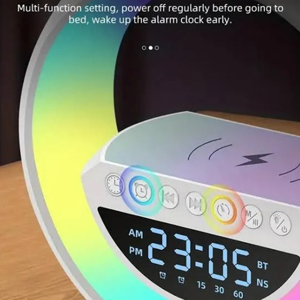 Multi-functional Smart G-Shape Table Lamp with RGB Light Bluetooth Speaker Wireless Charger and Alarm Clock