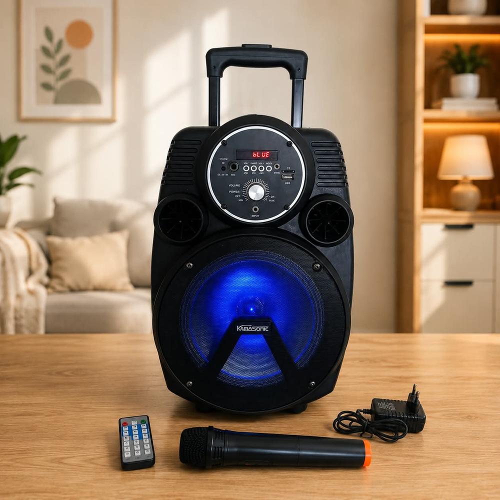 Kamasonic TR-8480L Rechargeable Bluetooth Trolley Speaker with Wireless Microphone and Remote - 15W High Sound Outdoor Speaker with Trolley Wheel