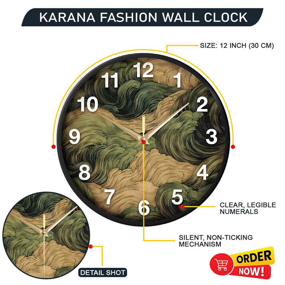 Karana Fashion 12 Inch Vintage Oriental Waves Wall Clock Abstract Japanese Art Style Home Decor - (KW 22)