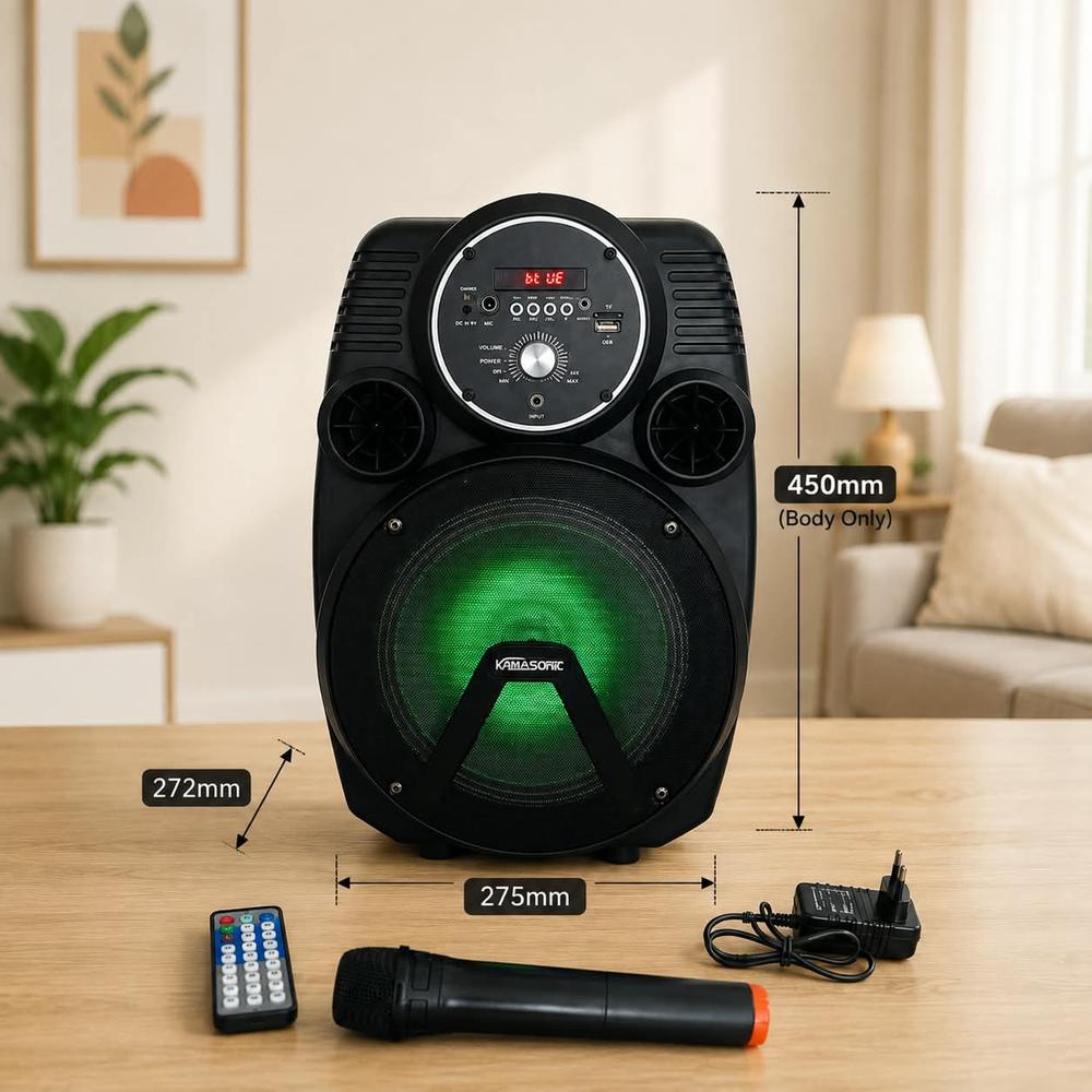 Kamasonic TR-8480L Rechargeable Bluetooth Trolley Speaker with Wireless Microphone and Remote - 15W High Sound Outdoor Speaker with Trolley Wheel