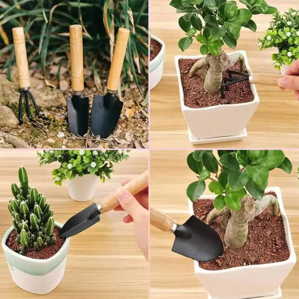 Mini Garden Shovel Rake Spade Arrangements Bonsai Tools Wooden Handle Set for Flower Pot Plants - 3 Pcs