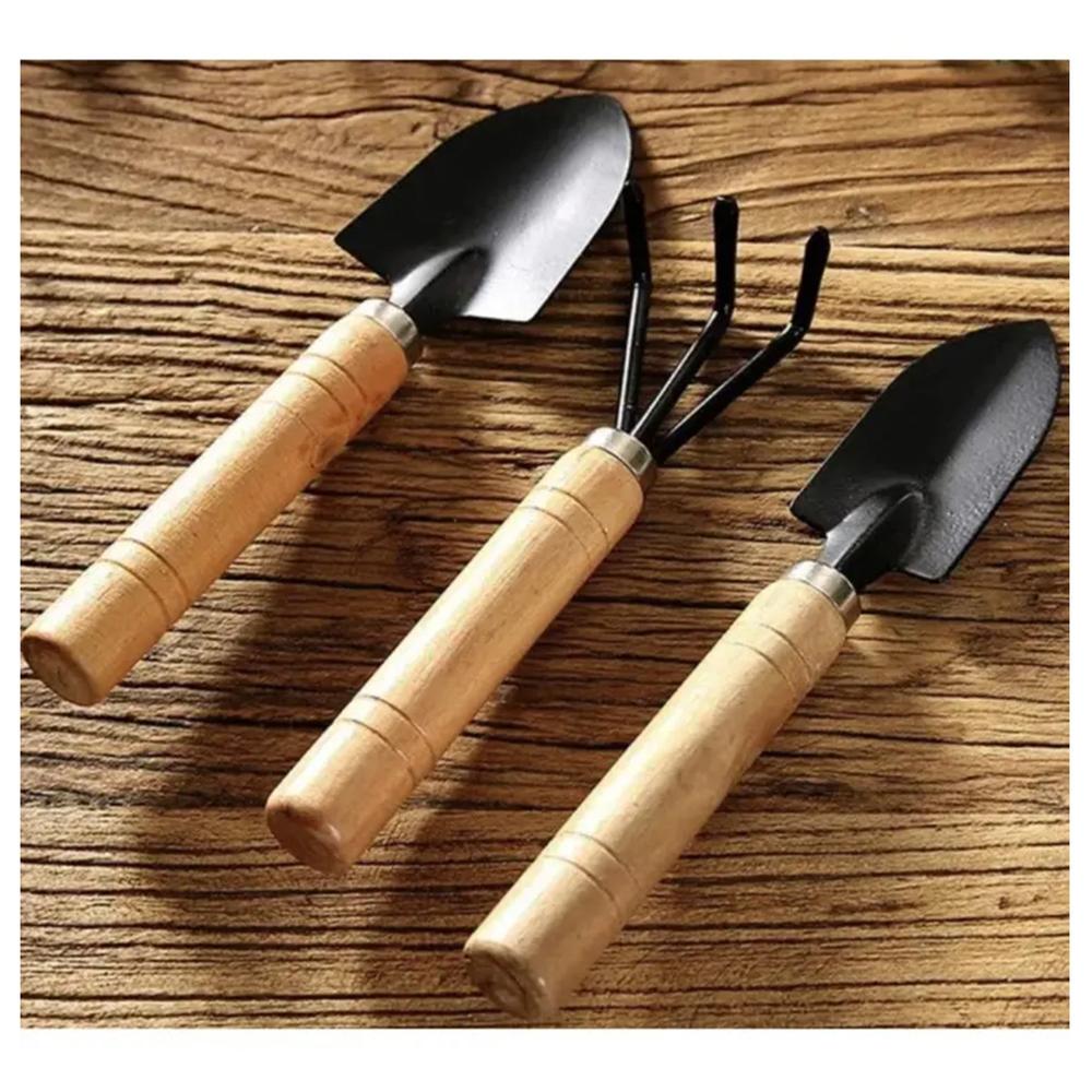 Mini Garden Shovel Rake Spade Arrangements Bonsai Tools Wooden Handle Set for Flower Pot Plants - 3 Pcs