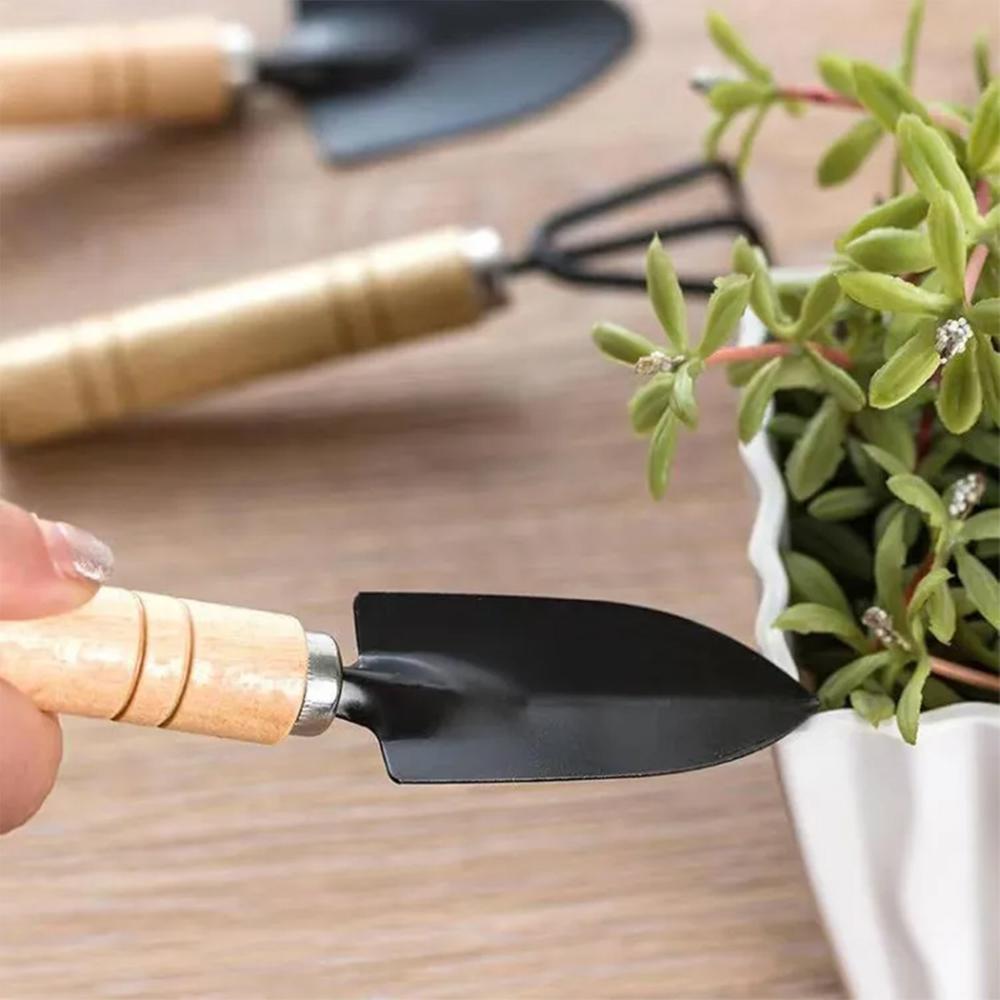 Mini Garden Shovel Rake Spade Arrangements Bonsai Tools Wooden Handle Set for Flower Pot Plants - 3 Pcs