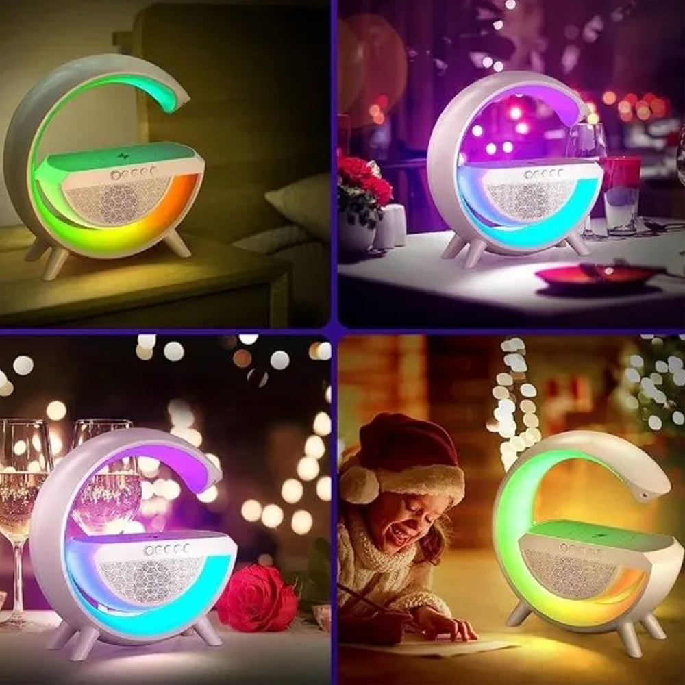 Multi-functional Smart G-Shape Table Lamp with RGB Light Bluetooth Speaker Wireless Charger and Alarm Clock