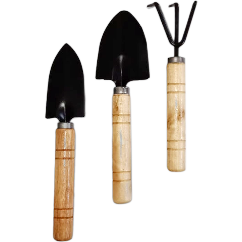 Mini Garden Shovel Rake Spade Arrangements Bonsai Tools Wooden Handle Set for Flower Pot Plants - 3 Pcs
