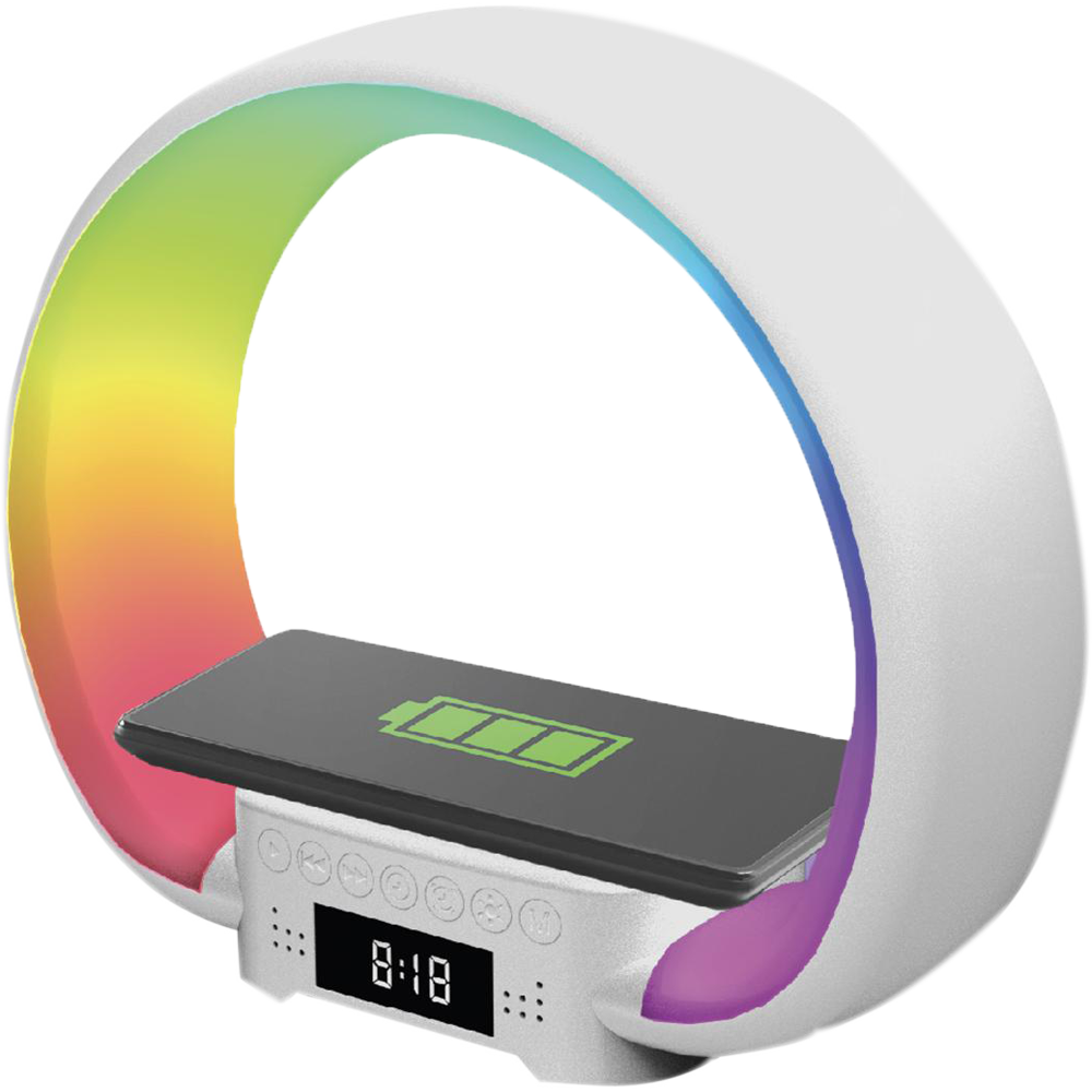 Multi-functional Smart G-Shape Table Lamp with RGB Light Bluetooth Speaker Wireless Charger and Alarm Clock