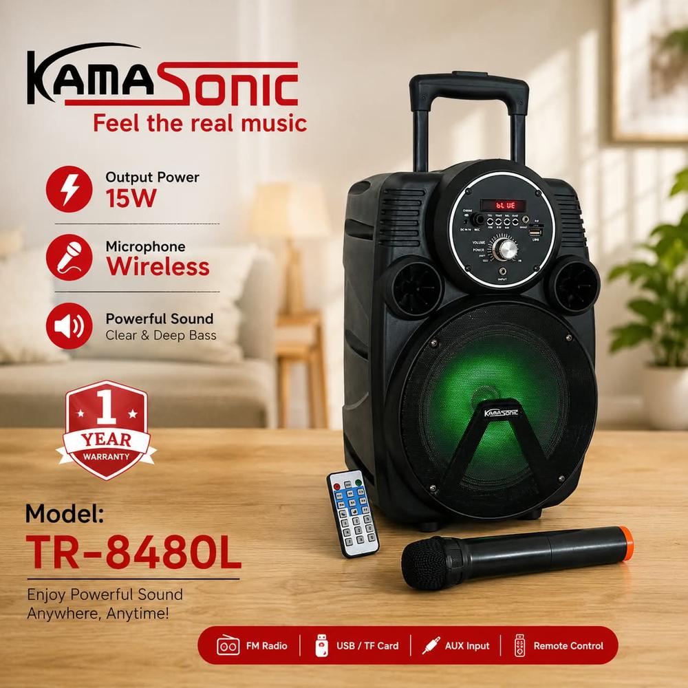 Kamasonic TR-8480L Rechargeable Bluetooth Trolley Speaker with Wireless Microphone and Remote - 15W High Sound Outdoor Speaker with Trolley Wheel